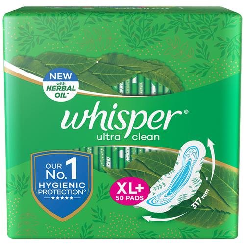 Whisper Ultra Clean Sanitary Pads – XL Plus, Locks Wetness & Odour, 50 pcs