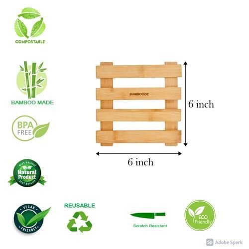 Bamboooz Trivet/Table Coaster/Pot Holder - Bamboo Wood, Square, 6x6 Inch, 1 pc - Image 3
